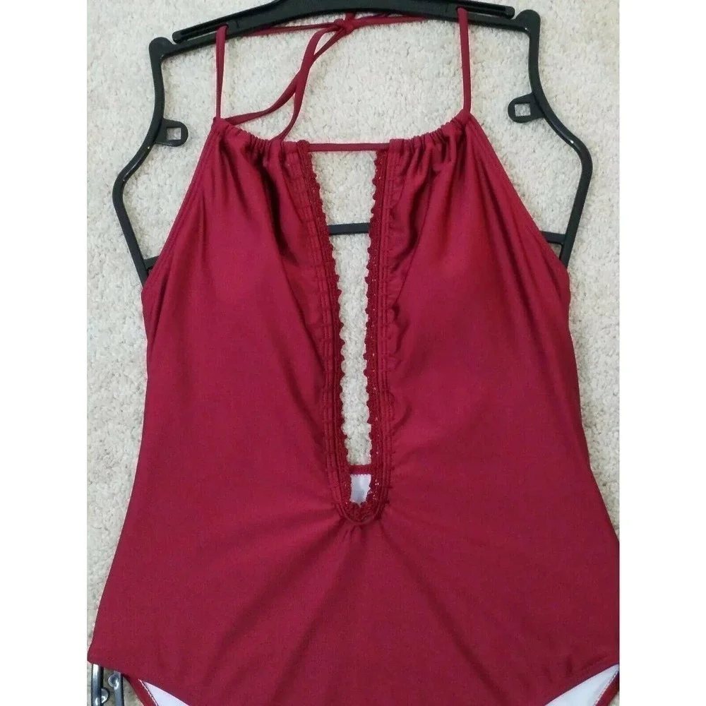 Cupshe Burgundy Deep V Ruffle One-Piece Swimsuit